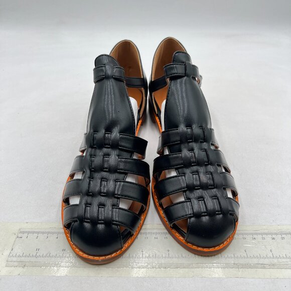 FSJ Black Closed Toe Low Block Heel Woven Roman Ankle Strap Hollow Caged Sandals - Picture 3 of 8